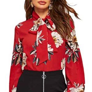 Women's bow tie neck lantern long sleeve dot top